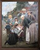 Lot#2098, 19TH C. EUROPEAN SCHOOL, OIL ON CANVAS, 70" X 54", FAMILY STREET SCENE