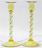Lot#2195, ITALIAN HAND BLOWN GLASS CANDLESTICKS, C. 1900, PAIR, H 10", DIA 4 1/2"