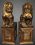 Lot#2215, CHINESE CARVED GILT WOOD FOO DOGS, H 34", W 16", D 26", CARVED WOOD BASES, H 25", W 19", D 28", PAIR