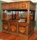 Lot#2217, CARVED MAHOGANY & BURLED WALNUT BAR WITH MARQUETRY INLAY, H 95", W 70 1/2", L 95 1/2"