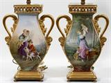 Lot#113, PORCELAIN HAND PAINTED URN FORM THREE-LIGHT TABLE LAMPS, PAIR, H 24", L 8"