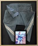 Lot#202, 'COOL HAND LUKE' BLUE STRIPED PRISON PANTS, WITH PHOTO, IN SHADOWBOX FRAME, 34" X 27" OVERALL