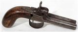 Lot#210, BELGIAN DOUBLE BARREL PISTOL, PERCUSSION CAP, +BULLET MOLDS, POWDER FLASKS, ETC., 1860-80,,Belgian pistol with 3 1/2" bbls; having Belgian proof mark, walnut grip, dual exposed hammers. 7" L. overall; London proof house "Crown V" mark on right barrel at receiver; also includes two powder flasks one of brass with hunting scene in relief, one of tooled leather with stag and fowl; two bullet molds, lock and trigger mechanisms, percussion cap nipples, powder funnel, etc., 10+ pcs.