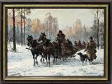 LOT #2004, WLADYSLAW T. CHEMIELINSKI (POLISH B. 1895), OIL ON CANVAS, TROIKA HUNTING PARTY, 14" X 20"