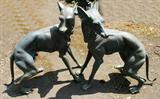 LOT #2090, BRONZE GARDEN SCULPTURES, GREYHOUNDS OR WHIPPETS, PAIR, 20TH C., H CA. 39", W CA. 44"