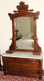 LOT #2135, VICTORIAN WALNUT, MARBLE TOP CHEST, H 29", W 48", ATTACHED MIRROR, 64" X 46", C. 1870