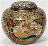 LOT #2264, SATSUMA KORO WITH SILVER COVER, 19TH C., H 4 1/4", DIA 4 3/4"