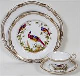 LOT#1  ENGLISH SPODE "CHELSEA BIRD GOLD" CHINA, 32 PCS, Includes 12 dinner plates, dia. 11"; 6 luncheon plates, dia. 9 1/4";  7 cups & 7 saucers.  Gold banding with leaves, pheasants and branches.