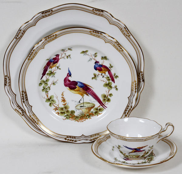 LOT#1  ENGLISH SPODE "CHELSEA BIRD GOLD" CHINA, 32 PCS, Includes 12 dinner plates, dia. 11"; 6 luncheon plates, dia. 9 1/4";  7 cups & 7 saucers.  Gold banding with leaves, pheasants and branches.