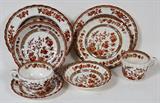 LOT#2  ENGLISH SPODE "INDIAN TREE", 46 PCS, Includes 8 cream soups, dia. 8"; 8 salad plates, dia. 7 1/2"; 8 bread & butter plates, dia. 6 1/2"; 4 fruit bowls, dia. 5 1/4"; 3 cereal bowls, dia. 6"; one spoon rest, L 9"; one demi tasse cup; one square vegetable dish; one platter, L 12 3/4"; 10 piece coffee set.