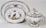 LOT#3  ENGLISH SPODE "CHELSEA BIRD GOLD" SERVING PIECES, 4, Soup tureen with lid, L13"; one large platter, L 17 1/4", and one small platter, L 12 3/4".