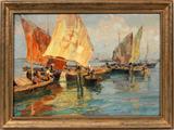 LOT#17  ANGELO BROMBO (ITALY 1893-1962), OIL PAINTING, 18" X 27", 'BURABI IN LAGUNA', depicts a Venetian water scene with sailboats. Signed lower left; also titled and signed on verso; Gilt wood frame.