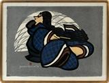 LOT#18  MORI JAPANESE WOOD BLOCK WOOD BLOCK PRINT, H 52 CM, Mori,  1974, wood block print titled "Contemplating the Moonlight"