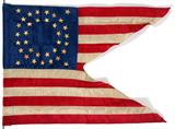 LOT#48  AMERICAN CAVALRY GUIDON FLAG, H 28", L 38", Having 35 gold stars (12 inner circle, 19 outer circle & 4 in corners).  7 Red strips and 6 white.  Swallow tailed.  Silk.