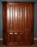 LOT#133  CHERRY CORNER CABINET, CAROL'S FINE FURNITURE, H 80", W 64", D 30", entertainment center for television and related items, custom designed and built for Carol's Fine Furniture.