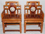 LOT#168  CHINESE CARVED ARMCHAIRS, PAIR, H 36", W 23", having a marble plaque inset into the backrests. Hardwood from Anhui Provence. Signed on plaques; carved hardwood inserts in the back rest and seats;