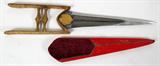 LOT#187  EAST INDIAN KATAR PUSH DAGGER, GOLD DAMASCENE AND DAMASCUS, 18TH C., L 9 1/4" BLADE, Katar push dagger, (possibly Wootz) having a 9 1/4" long and narrow Damascus blade with reinforced armor piercing tip; red and dark red velvet covered wood sheath with gold embroidered trim;