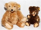 LOT#247  STEIFF TEDDY BEARS, C1950, 2 PCS., H 12" & 17", one light brown, glass eyes, 17" L. tag in ear, (W. Germany), no mouth; one with dark fur, open mouth, tag in ear, (W. Germany), 12" L.