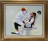 LOT#279  ROBERT OWEN (AMER. B1930), OIL ON CANVAS, 20" X 24", CLOWN DENTIST, depicts two clowns, one sitting in a dentist and the dentist also a clown on patients lap look in patients mouth. Signed lower right, "Robert Owen". Gilt wood frame.
