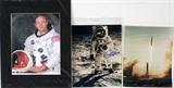 LOT#309  NEIL ARMSTRONG, BUZZ ALDRIN AUTOGRAPHS AND UNSIGNED APOLLO 11 PHOTOS OF CREW AND FLIGHT., 12 PCS., Apollo 11 flight photos and autographed astronaut photos including one Neil Armstrong autographed 10" x 8" color publicity photo; one autographed color photo of astronaut Buzz Aldrin, 10" x 8"; also includes a 10" x 8" color photo of the launch of Apollo 11 and a sequence of eight  photos depicting photos on the moon and flight back to the command module for return to earth, plus an unsigned color of the crew of Apollo 11 depicting Armstrong, Collins and Aldrin;