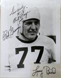 LOT#312  RED GRANGE AND LARRY BIRD AUTOGRAPHS, 2 PCS., includes a Red Grange autographed black and white photograph inscribed: "Sincerely to Bob Page from "Red" Grange. 10" x 8" depicts Grange in his white football uniform no. 77 and helmet. One Larry Bird cut autograph signed in black Sharpie.