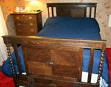 LOT#385  ARTS & CRAFTS OAK BEDROOM SET, SEVEN PCS, Includes mirrored door armoire with two side wood doors and 2 bottom drawers;  small four drawer chest with mirror and similar small two door chest;