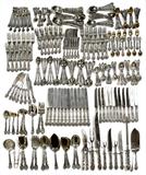 LOT#1005  GORHAM 'VERSAILLES' STERLING FLATWARE SET, 460 PIECES, Assembled set of sterling silver flatware includes 28 dinner knives (twelve with new French blades), L.9 3/4", 28 dinner/place forks, L.7 5/8"-7 3/4", 28 place knives, L.8 3/4"-8 7/8" (twelve with new French blades), 28 salad forks, L.6 3/4", 8 individual fish knives, L.7 7/8" (solid), 25 dessert/table spoons, L.7", 31 soup spoons, L.6 3/4", 28 bouillon soup spoons, L.5", 31 dessert forks, L.6", 24 gilt ice cream forks, L.5 1/2", 13 gilt fruit/orange spoons, 28 oyster forks, L.5 3/4", 33 flat butter spreaders, 53 teaspoons, 16 iced tea spoons, and 15 demi tasse spoons, as well as 11 table/serving spoons, L.8 1/4", 2 cold meat forks, L.8 1/4", 2 meat forks, L.8 3/4", 3 pierced vegetable serving forks, L.7 3/4" & 8 3/4", 4 vegetable serving spoons, L.8 3/4", 2 oyster servers,1 flat server, 1 cake server, 1 cream ladle, 2 gravy ladles, 1 tomato server, 1 sugar spoon, 2 sugar tongs, 1 lemon fork, 1 butter/nut pick, 3 carving 