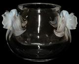 LOT#1007  LALIQUE CRYSTAL 'ORCHIDEE' VASE, H 6 1/2", W 8 1/2" TO THE HANDLES, Flanked by opalescent flowers; signed "Lalique, France".