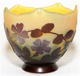 LOT#1010  GALLE CAMEO GLASS BOWL, H 5", W 5 1/2", Topaz bowl carved with pansies in dark purple; signed "Galle".