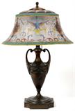 LOT#1018  PAIRPOINT REVERSE PAINTED 'PEACOCK' GLASS TABLE LAMP, H 22", DIA 15", Round glass shade with flared rim, signed "Pairpoint" (see additional photo), raised on a patinated metal base also signed