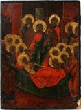LOT#1027  RUSSIAN ICON OF THE DORMITION OF THE VIRGIN, C. 1850, 18" X 13", On wood panel, depicting Mary on her death bed, bordered by the twelve Apostles, with Christ holding her soul rendered as an infant, and centered by two angels bearing candles.