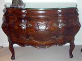 LOT#1032  ITALIAN WALNUT BOMBE COMMODE, H 33", W 47", Bold design, carved details.