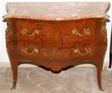 LOT#1037  FRENCH STYLE SATINWOOD COMMODE WITH BEVELED MARBLE TOP, H 33", W 43", Serpentine front, fitted with two drawers and bronze mounts.