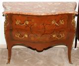 LOT#1038  FRENCH STYLE SATINWOOD COMMODE WITH BEVELED MARBLE TOP, H 33", W 43", Serpentine front, fitted with two drawers and bronze mounts.