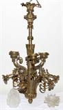 LOT#1043  ANTIQUE BRONZE CHANDELIER, H 37", DIA 27", Flame and leaf glass globes,   3 flame form globes and 6 flower form globes.