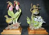 LOT#1074  DOROTHY DOUGHTY ROYAL WORCESTER OVEN BIRD & LADY'S SLIPPER, H 10" & 11", Titled "Oven Bird & Crested Iris"  Pair.  Marked.