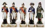 LOT#1216  A. W. FR. KISTER, GERMAN PORCELAIN MILITARY FIGURES, EARLY-MID 20TH C., FIVE, H 10", Each standing figure is identified at the base, including Kellermann, Lannes, Mortier, Murat, and Ney, and marked with a blue under glaze S bisected by lines, stamped "Germany".