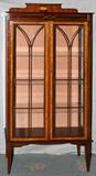 LOT#1227  MAHOGANY SATINWOOD INLAY CURIO CABINET, CIRCA 1900, H 69", W 31", D 12", Three interior glass shelves