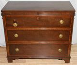 LOT#1233  IRWIN MAHOGANY CHEST OF THREE DRAWERS CIRCA 1940, H 33", W 38", D. 19". Satinwood bands. Irwin Furniture Co, Grand Rapids, Mi.