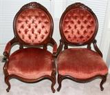 LOT#1243  VICTORIAN STYLE MAHOGANY & VELVET UPHOLSTERED CHAIRS, PAIR, Rose velvet upholstery. Tufted backs.