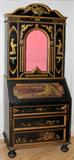 LOT#1259  CHINOISERIE DESIGNED DROP FRONT SECRETARY, SIGNED, H 81", L 32", D 16", Having a slant drop front opening to pink painted cubicles all above three graduated drawers; hand painted drop panel and a single upper arched glass panel door. Signed on the slant front: 'R.H. Winans', plus a black painted arm chair with light beige vinyl cushions. Brass upholstery nails trim the back rest cushion along with gilt painted trim along the top frame.