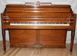 LOT#1350  MASON AND HAMLIN MAHOGANY, SPINET PIANO, AND BENCH, Art case with reeded and spiral legs in Sheraton style. 1941. 41" x 60" x 24".  # E 50210. Also bench with hinged seat. From a South Lyons, Mi. collector.