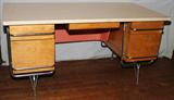 LOT#1354  HEYWOOD WAKEFIELD TUBULAR CHROME FRAME MAPLE DESK, H 30", L 60", D 30", Possibly designed by K.E.M. WEBER.  Having a laminated faux wood Formica top one central drawer flanked by two drawers on each side.