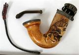 LOT#1407  AUSTRIA-HUNGARY SILVER-MOUNTED MEERSCHAUM PIPE BOWL, 19TH C., L 4 1/2", & PIPE PARTS (3) The bowl carved in low relief with a running stag, the silver rim stamped is "13" enclosed indicating .812 1/2 fineness, along with "JA" enclosed.  Together with 2 stems and 1 horn mouthpiece, L.2 3/4"-24".  Four items total.  Pipe bowl measures L.4 1/2" x 4 1/4".