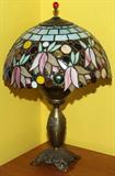 LOT#1452  BRADLEY & HUBBARD LAMP, H 27", WITH TIFFANY STYLE LEADED GLASS SHADE, DIA 18", New shade with Cabochon glass jewels and tulip border; Bradley and Hubbard base, #504-3.
