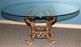 LOT#1457  CONTEMPORARY GLASS TOP DINING TABLE, H 30", DIA 60", Glass sits atop and four legs iron base.