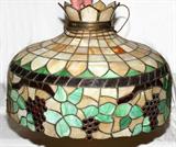 LOT#1451  LEADED SLAG GLASS CHANDELIER, C. 1925, H 16", DIA 24", Grape vine border.