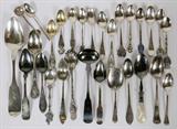 LOT#1531  AMERICAN STERLING & COIN AND EUROPEAN SILVER SPOONS, LATE 19TH-20TH C., 18 PIECES, Sterling silver includes 4 souvenir spoons, one of which is "Sunny South", another with an American Indian tip; 1 Gorham "October" teaspoon; 1 grapefruit spoon with enamel tip; 1 Alvin "Monterey" nut spoon; 1 A. F. Towle & Son filigree teaspoon; and 1 Whiting "Madam Jumel" sugar shovel; and 3 coin silver spoons and 1 coin silver ladle--totaling approximately 8.5 troy oz.  Together with 5 English and European silver spoons (1.79 troy oz.), and 10 assorted American and European silverplate spoons, mostly souvenir, including with a bust of Napoleon as the tip, and 1 mother-of-pearl handle jelly spoon.