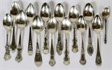 LOT#1533  AMERICAN STERLING TEASPOONS (13), LATE 19TH-EARLY 20TH C., & ENGLISH STERLING SOUVENIR SPOON, American sterling silver teaspoons by Alvin, International, Reed & Barton, Wallace Silversmiths, Whiting, and others; together with 1 English sterling silver souvenir spoon, "Stratford on Avon" with Shakespeare tip.  Totaling approximately 9.5 troy oz.