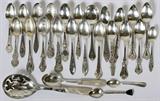 LOT#1534  AMERICAN STERLING SOUVENIR, TEASPOON & OTHER SPOONS, EARLY 20TH C., 26 PIECES, Lot comprises 18 souvenir spoons, including Kansas with farmers, canoe and tipi, New York, Hot Springs, and others; 3 Towle "Old Colonial" teaspoons and 1 "Old Newbury" sugar spoon; 1 Wallace "Lucerne" teaspoon; 1 Whiting "Violet" teaspoon; and 2 mother-of-pearl handle serving spoons with sterling collars.  Sterling silver totals approximately 14.8 troy oz.